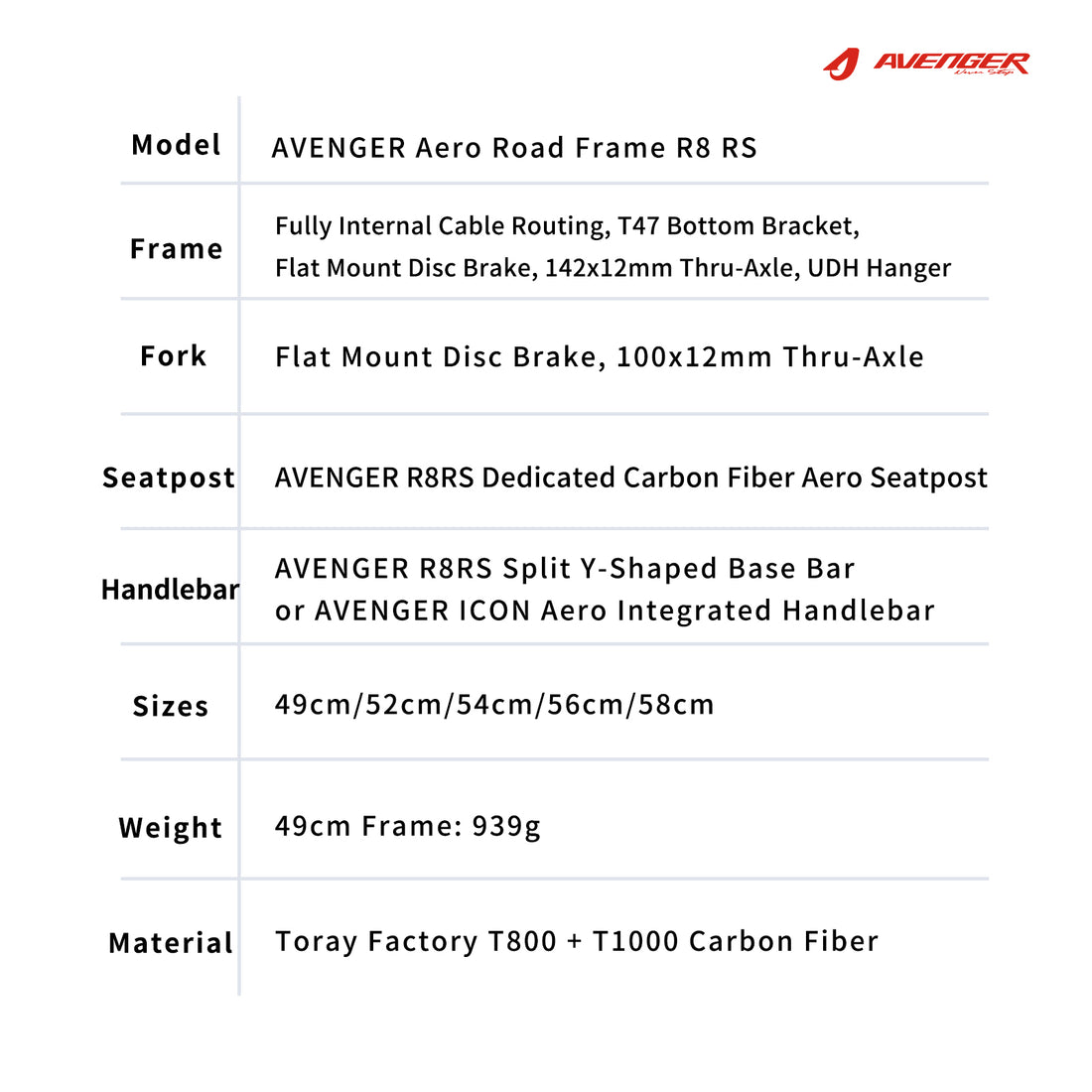 2026 New AVENGER Full Carbon Fiber Aero Road Frameset -R8RS
